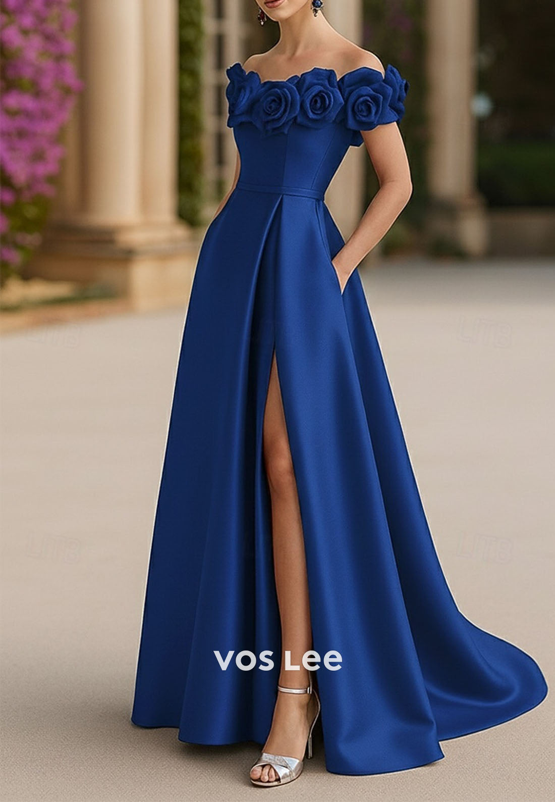 Off Shoulder A-Line Floor Length Slit Evening Gown With Flower Shoulder