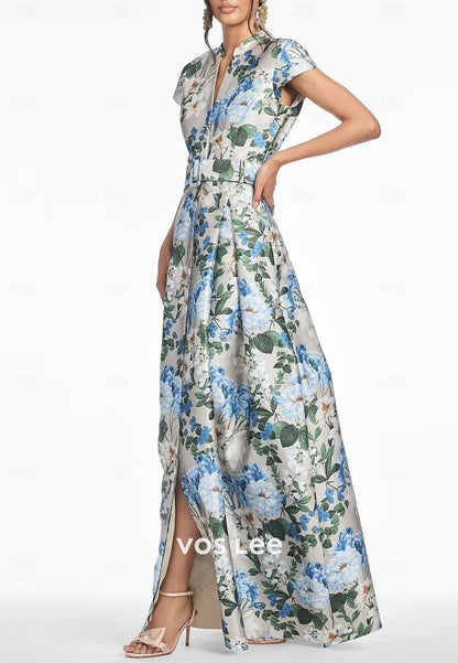 Elegant Floral Print  Vintage Short Sleeve A-Line Floor Length Evening Gown Formal Dress