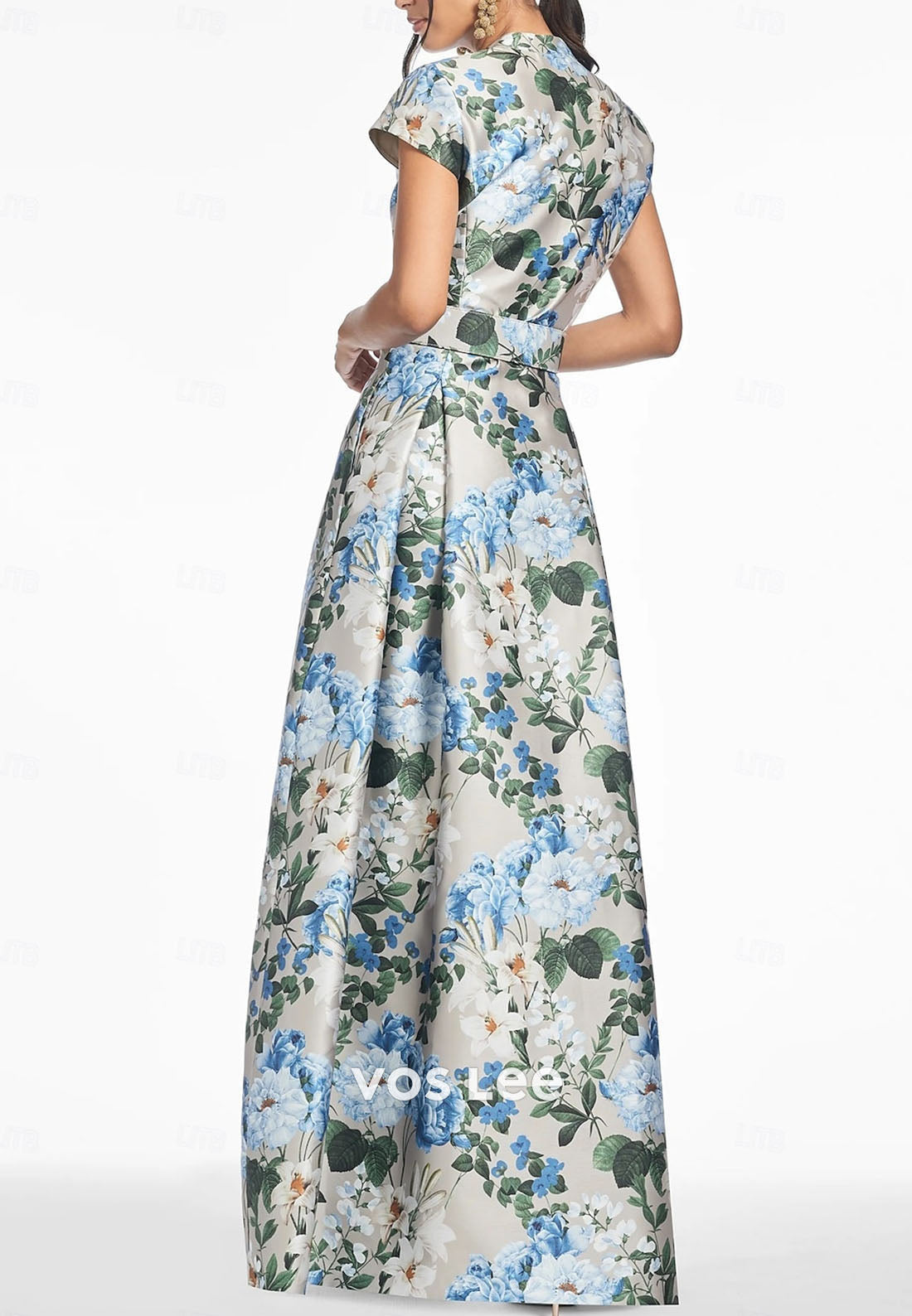 Elegant Floral Print  Vintage Short Sleeve A-Line Floor Length Evening Gown Formal Dress