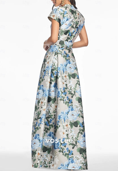 Elegant Floral Print  Vintage Short Sleeve A-Line Floor Length Evening Gown Formal Dress
