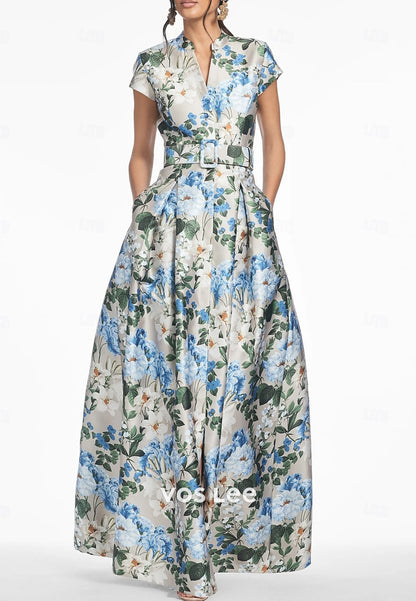 Elegant Floral Print  Vintage Short Sleeve A-Line Floor Length Evening Gown Formal Dress