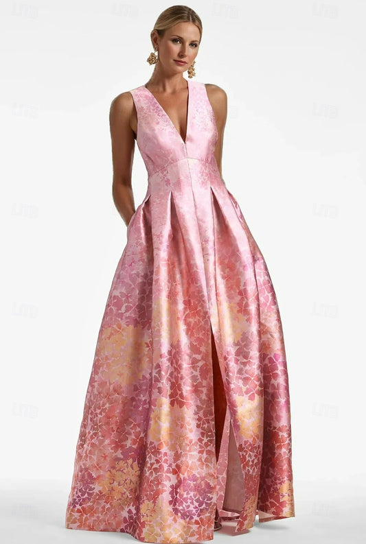 Luxury Pink Ombre Ball Gown - V-Neck Floral Embroidered Formal Prom Dress