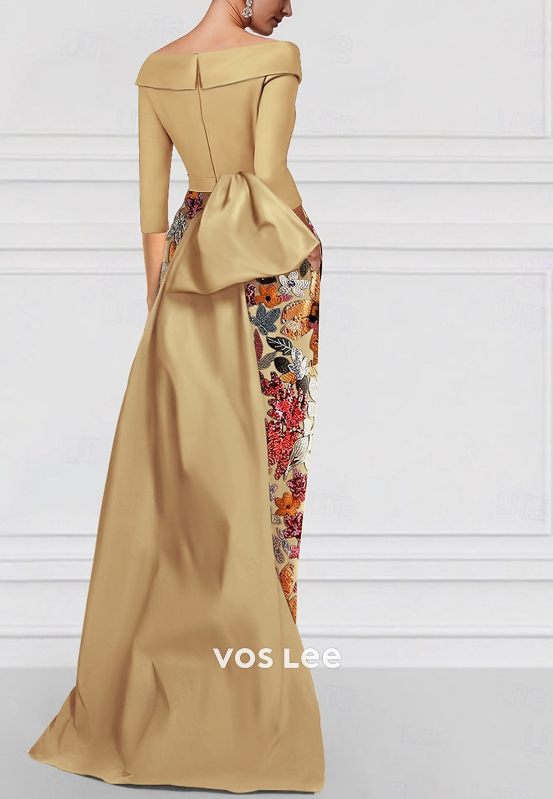 Elegant Beading Sequins Flower Half Sleeve Sheath Evening Gown with Train mother Dress