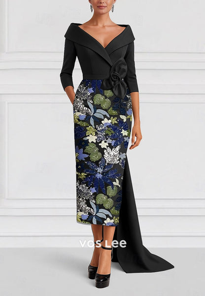 Elegant Beading Sequins Flower Half Sleeve Sheath Evening Gown with Train mother Dress