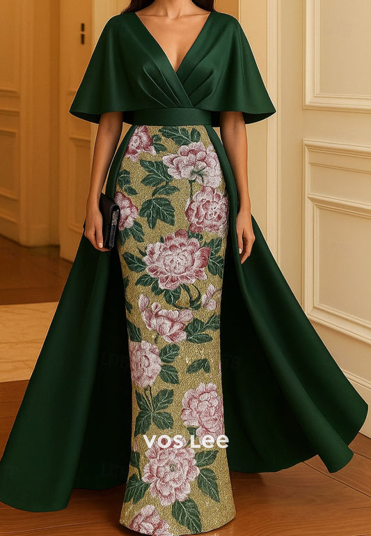 Beaded Sequin Flower Cap Sleeves Sheath Formal Gown Mother Dress