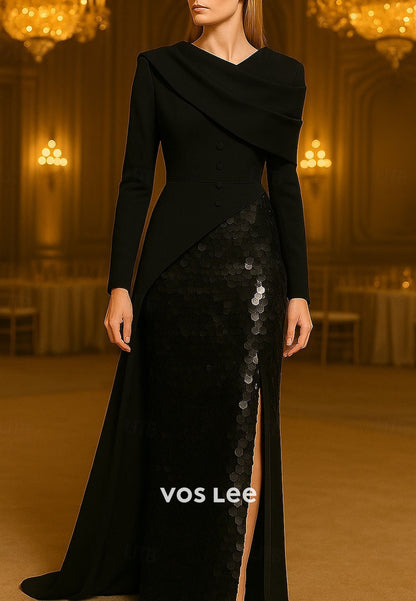 Glittering Sequined A-Line Floor Length Split Evening Gown with Overskirt