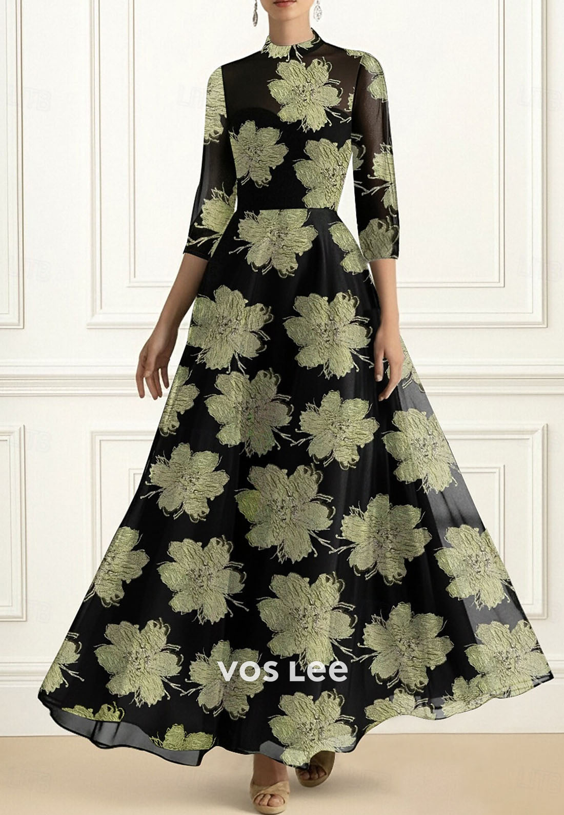 Semi Formal 3_4 Length Sleeve with Floral Print A-Line Evening Dress