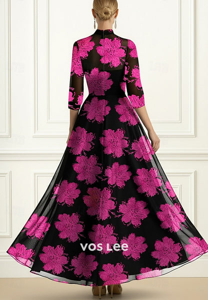 Semi Formal 3_4 Length Sleeve with Floral Print A-Line Evening Dress