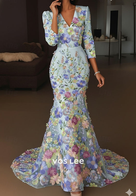 V-Neck Floral Embroidered Formal Dress for Mother of the Bride