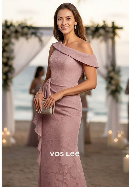 One Shoulder A-Line Floor Length Mother of the Bride Dress with Ruffles Side Drapi