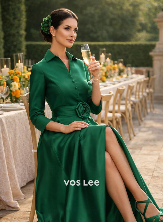 Emerald Green Satin 3/4 Sleeve Collared Formal Gown with Slit & Floral Dress