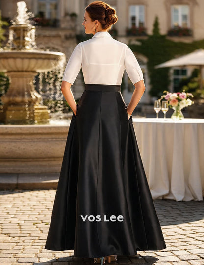 White Blouse & Black Satin Maxi Skirt Set | Puff Sleeve Collared Top with High Waist Bow Detail Formal Skirt