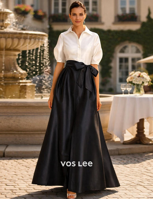 White Blouse & Black Satin Maxi Skirt Set | Puff Sleeve Collared Top with High Waist Bow Detail Formal Skirt