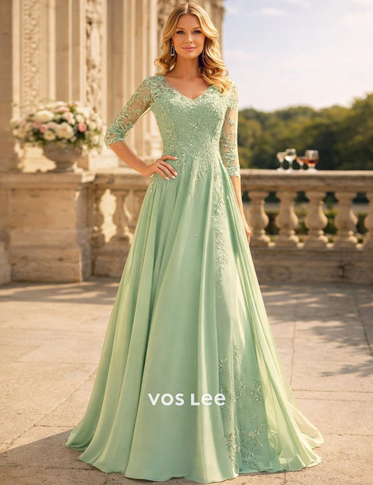 Elegant Sage Green Lace A-Line Evening Dress | 3/4 Sleeve V-Neck Chiffon Gown