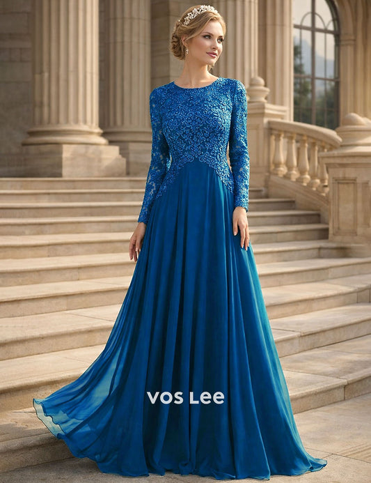 Royal Blue Lace & Chiffon Evening Gown | Long Sleeve Round Neck Formal Dress