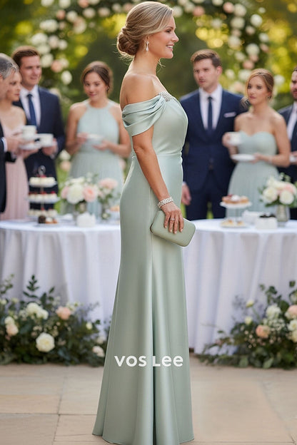Sage Green Off-the-Shoulder Satin Maxi Dress | Mother of the Bride & Wedding Guest Gown