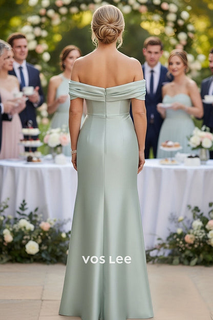 Sage Green Off-the-Shoulder Satin Maxi Dress | Mother of the Bride & Wedding Guest Gown