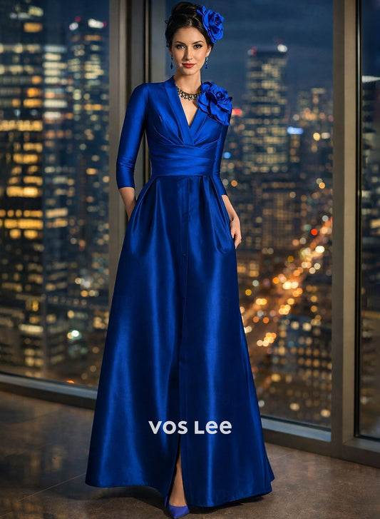 Royal Blue Satin Formal Gown | V-Neck 3/4 Sleeve Maxi Dress with Floral Applique, Pockets & Front Slit