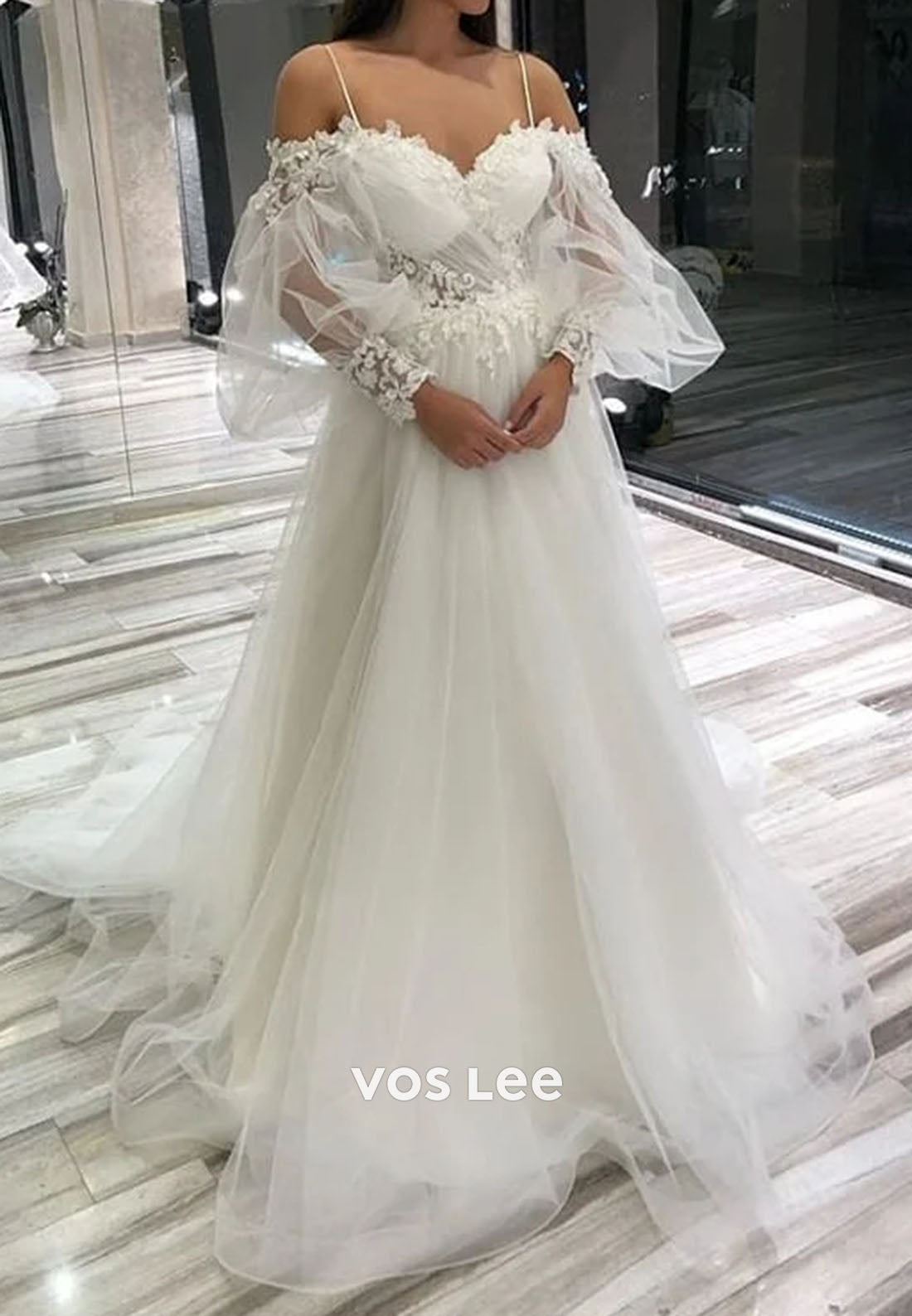 A-Line Off-the-Shoulder Long Sleeves Spaghetti-Straps Wedding Dress With Appliques Lace Tulle