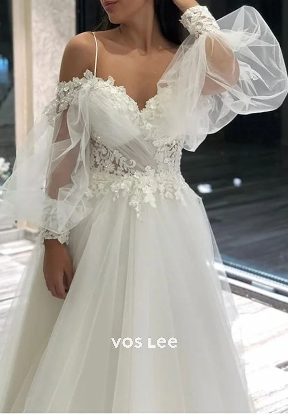 A-Line Off-the-Shoulder Long Sleeves Spaghetti-Straps Wedding Dress With Appliques Lace Tulle