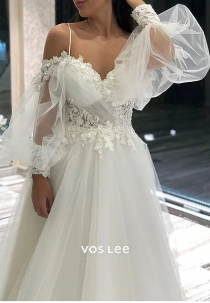 A-Line Off-the-Shoulder Long Sleeves Spaghetti-Straps Wedding Dress With Appliques Lace Tulle
