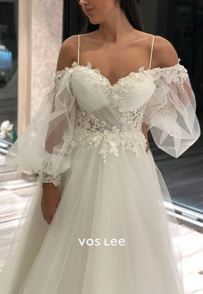 A-Line Off-the-Shoulder Long Sleeves Spaghetti-Straps Wedding Dress With Appliques Lace Tulle