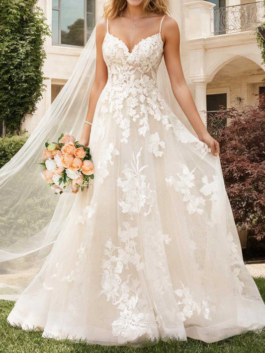 A-Line/Princess Lace V-Neck Floor-length Wedding Dress