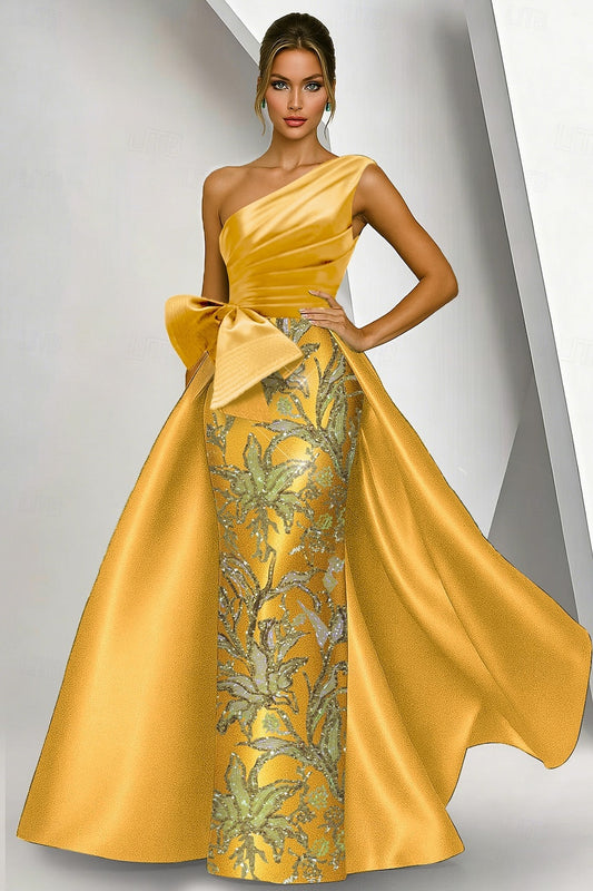 Gold One-Shoulder Evening Dress with Detachable Overskirt | Embroidered Floor-Length Formal Gown