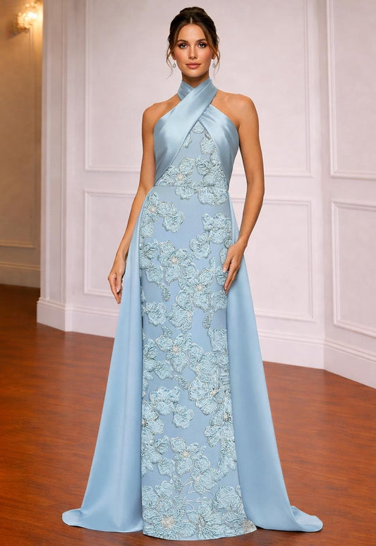Light Blue Halter Neck Evening Dress with Detachable Train | Lace Applique Floor-Length Gown