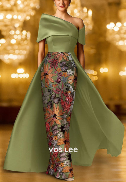 Beaded Sequin Flower Off the Shoulder Sheath Formal Gown Mother Dress