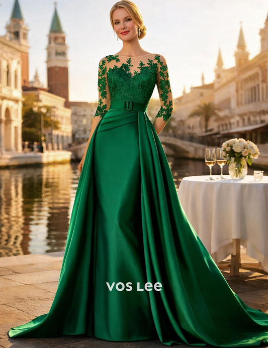 Emerald Green Satin Ball Gown | Lace Illusion Neckline 3/4 Sleeve Evening Dress