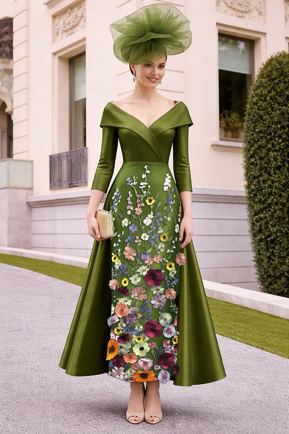 Sky Blue Off Shoulder Tea Length Dress - Long Sleeve Floral Embroidered A-Line Gown