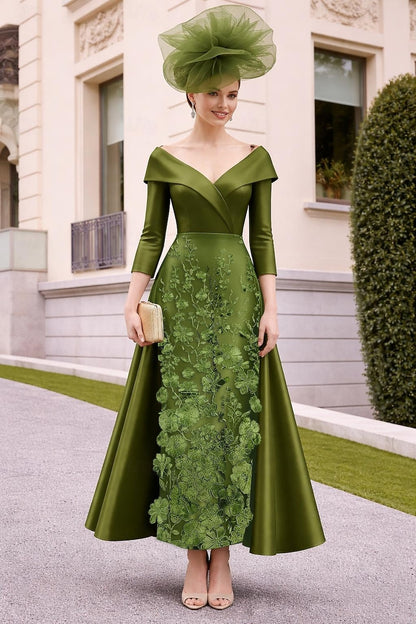Sky Blue Off Shoulder Tea Length Dress - Long Sleeve Floral Embroidered A-Line Gown