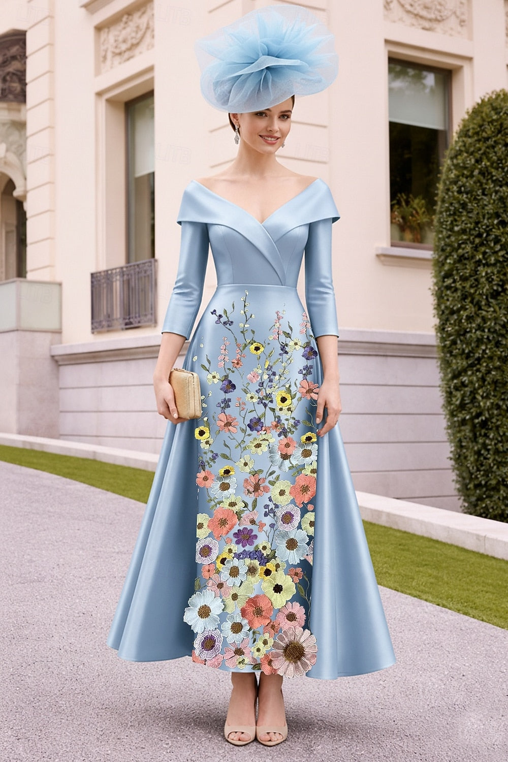 Sky Blue Off Shoulder Tea Length Dress - Long Sleeve Floral Embroidered A-Line Gown