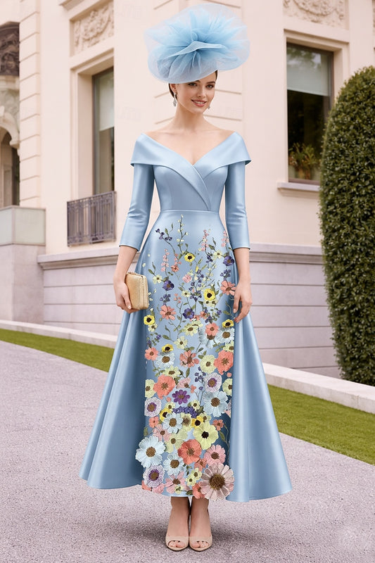 Sky Blue Off Shoulder Tea Length Dress - Long Sleeve Floral Embroidered A-Line Gown