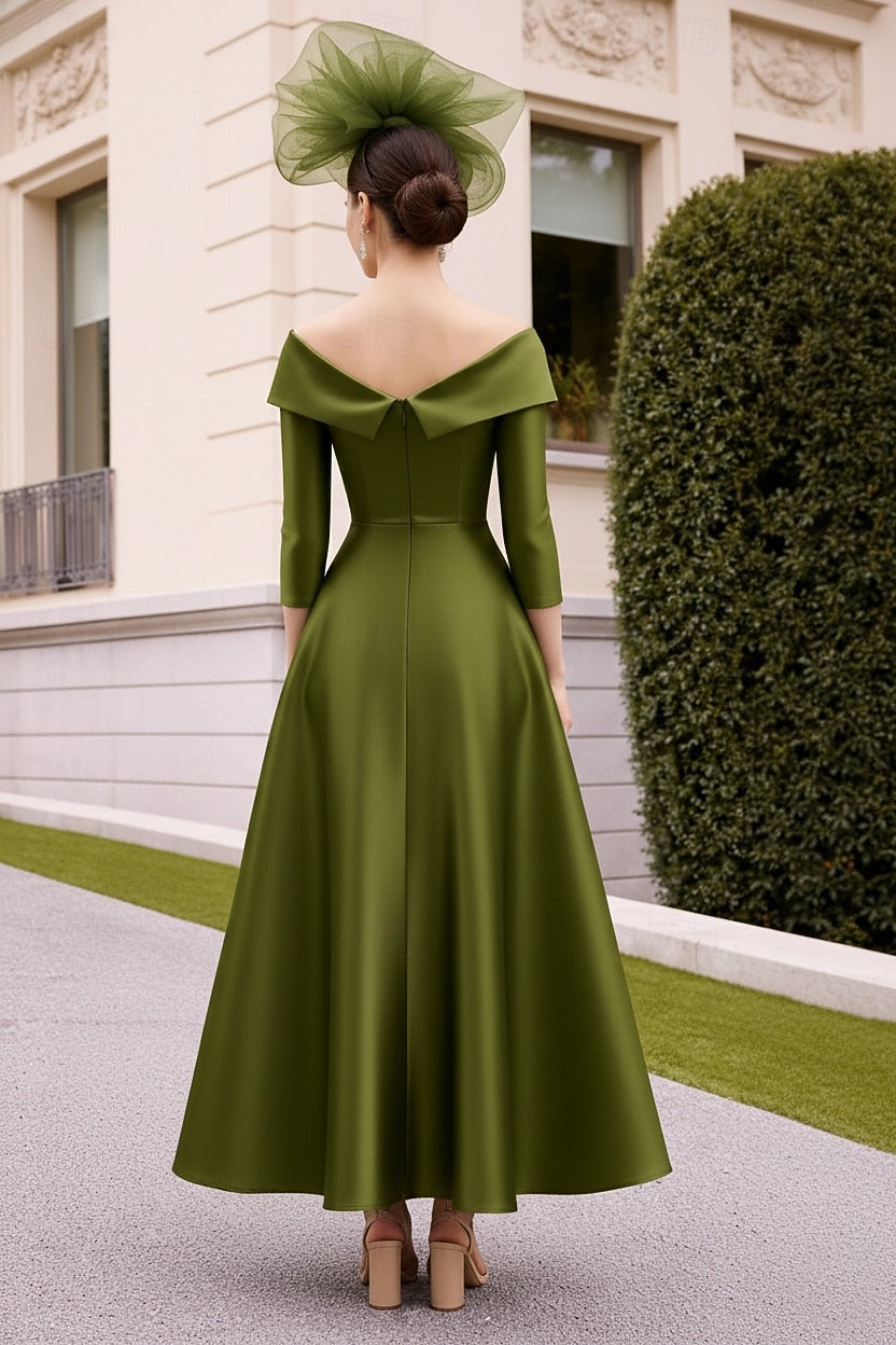 Sky Blue Off Shoulder Tea Length Dress - Long Sleeve Floral Embroidered A-Line Gown