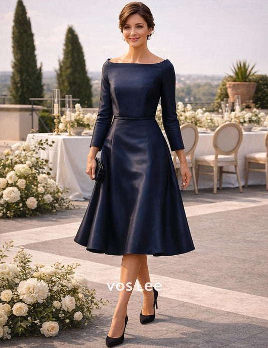 Luxury Navy Blue Mother of the Groom Dress | Satin Boat Neck Tea-Length A-Line for Formal Events