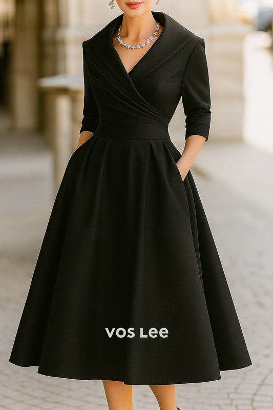 Red Fit-and-Flare Midi Dress | Shawl Collar 3/4 Sleeve Formal Dress with Pockets