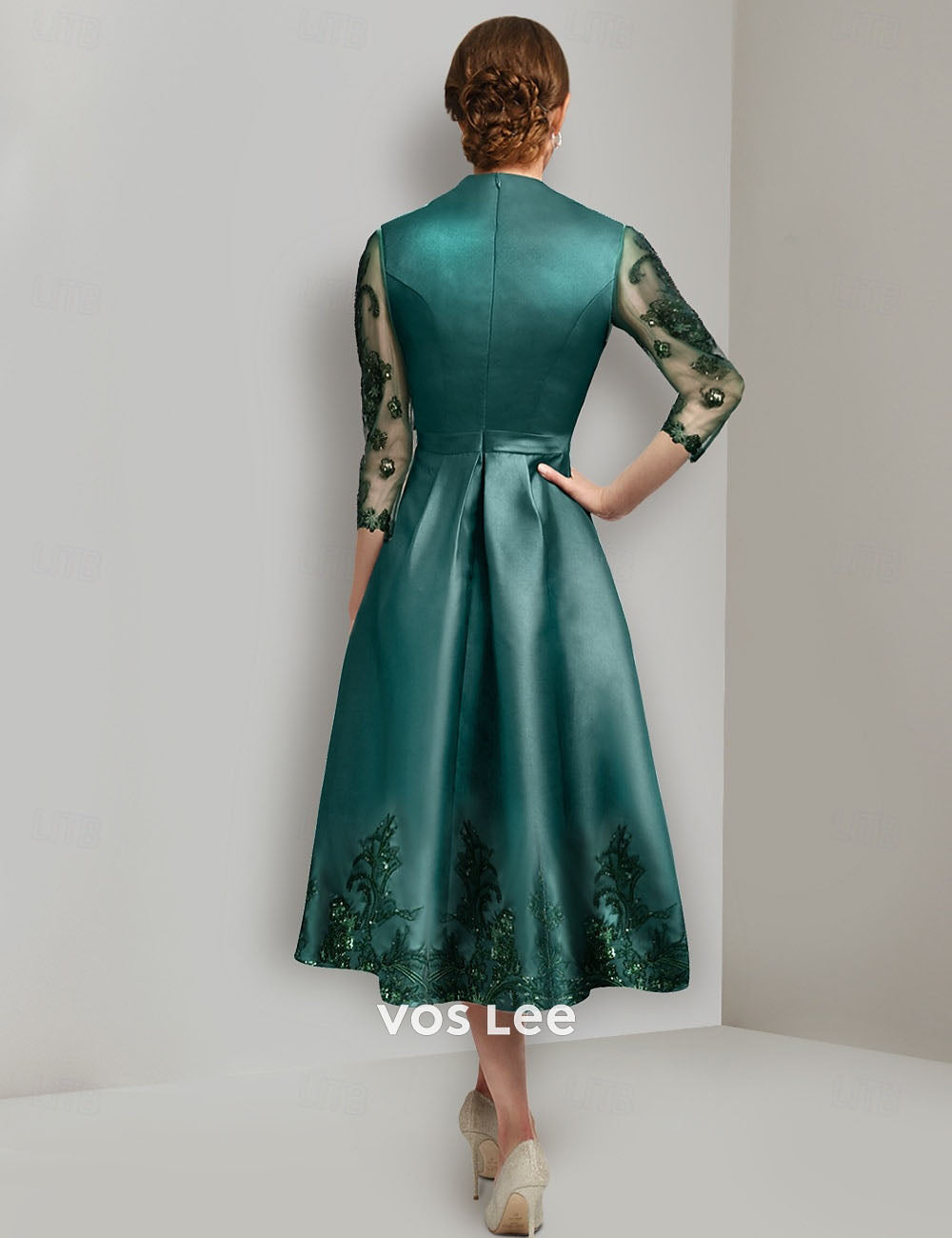 Burgundy Satin Mother of the Bride Dress with Lace Appliques | Tea-Length V-Neck Formal Gown