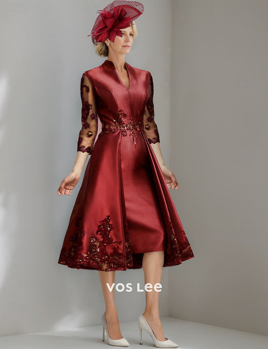 Burgundy Satin Mother of the Bride Dress with Lace Appliques | Tea-Length V-Neck Formal Gown