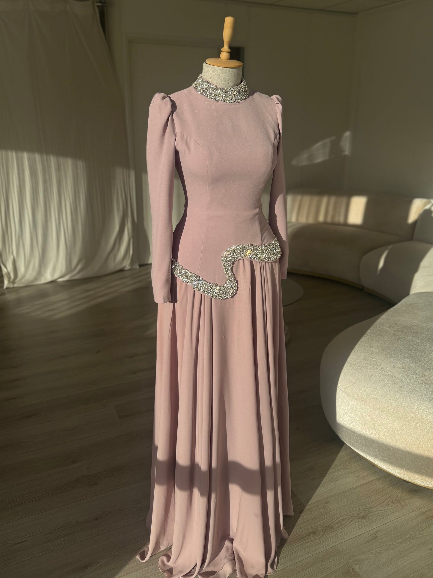 Dusty Pink High Neck Long Sleeve Crystal Waist A-Line Formal Evening Gown