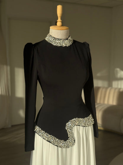 Dusty Pink High Neck Long Sleeve Crystal Waist A-Line Formal Evening Gown