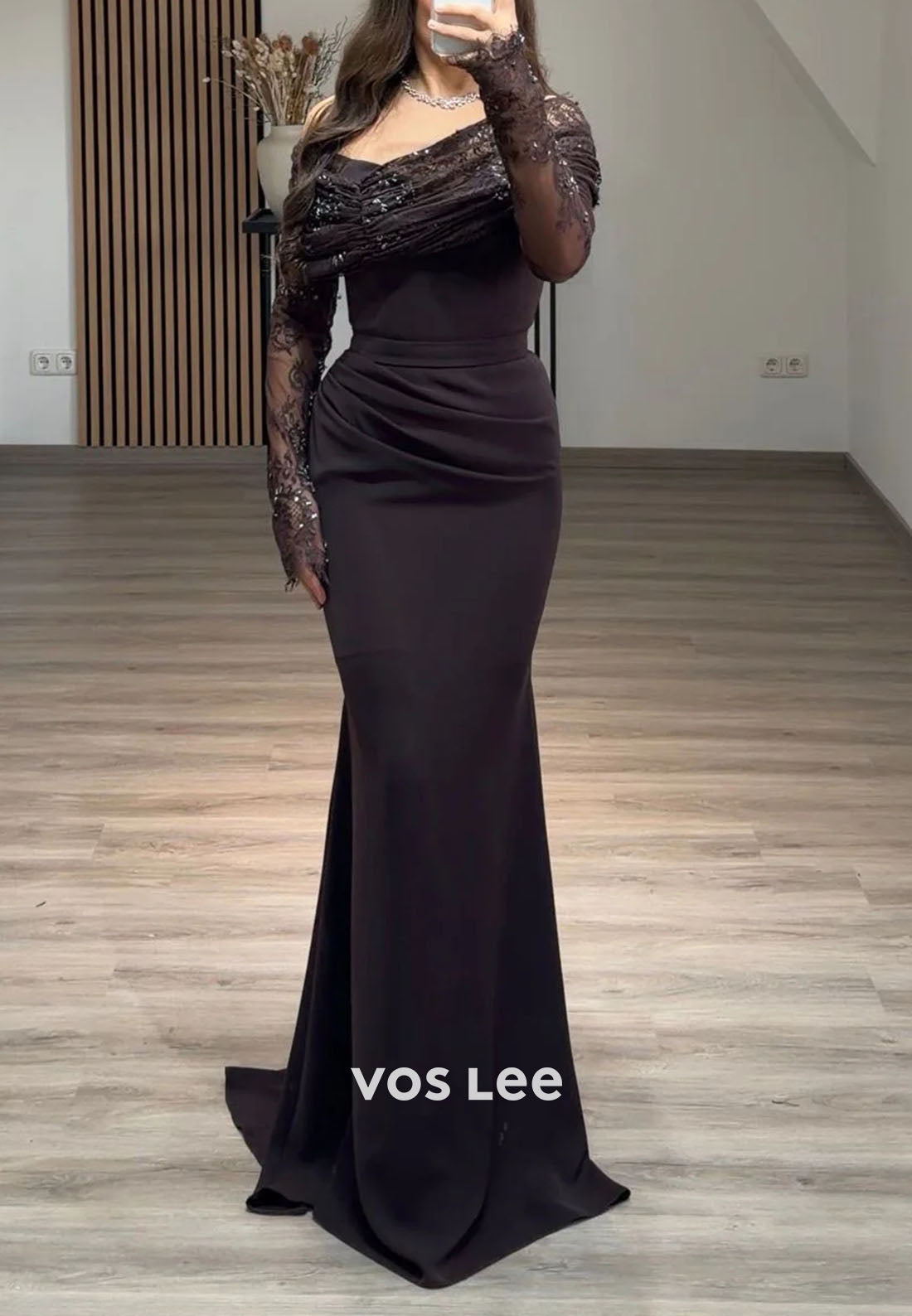 Elegant Off the Shoulder Bead Sequins Lace Long Sleeve Sheath Evening Gowns