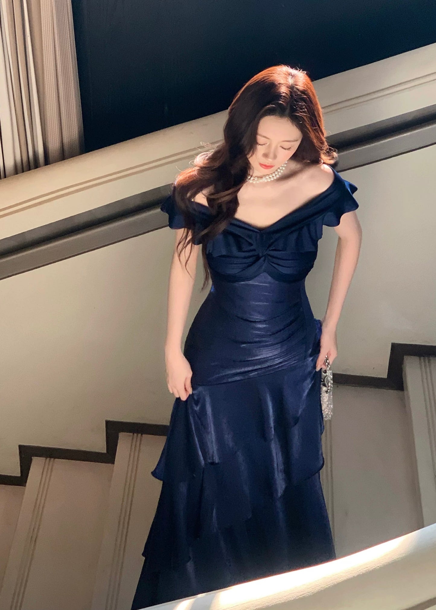 Luxury Navy Blue Ruffled Mermaid Dress – Perfect for Wedding & Gala