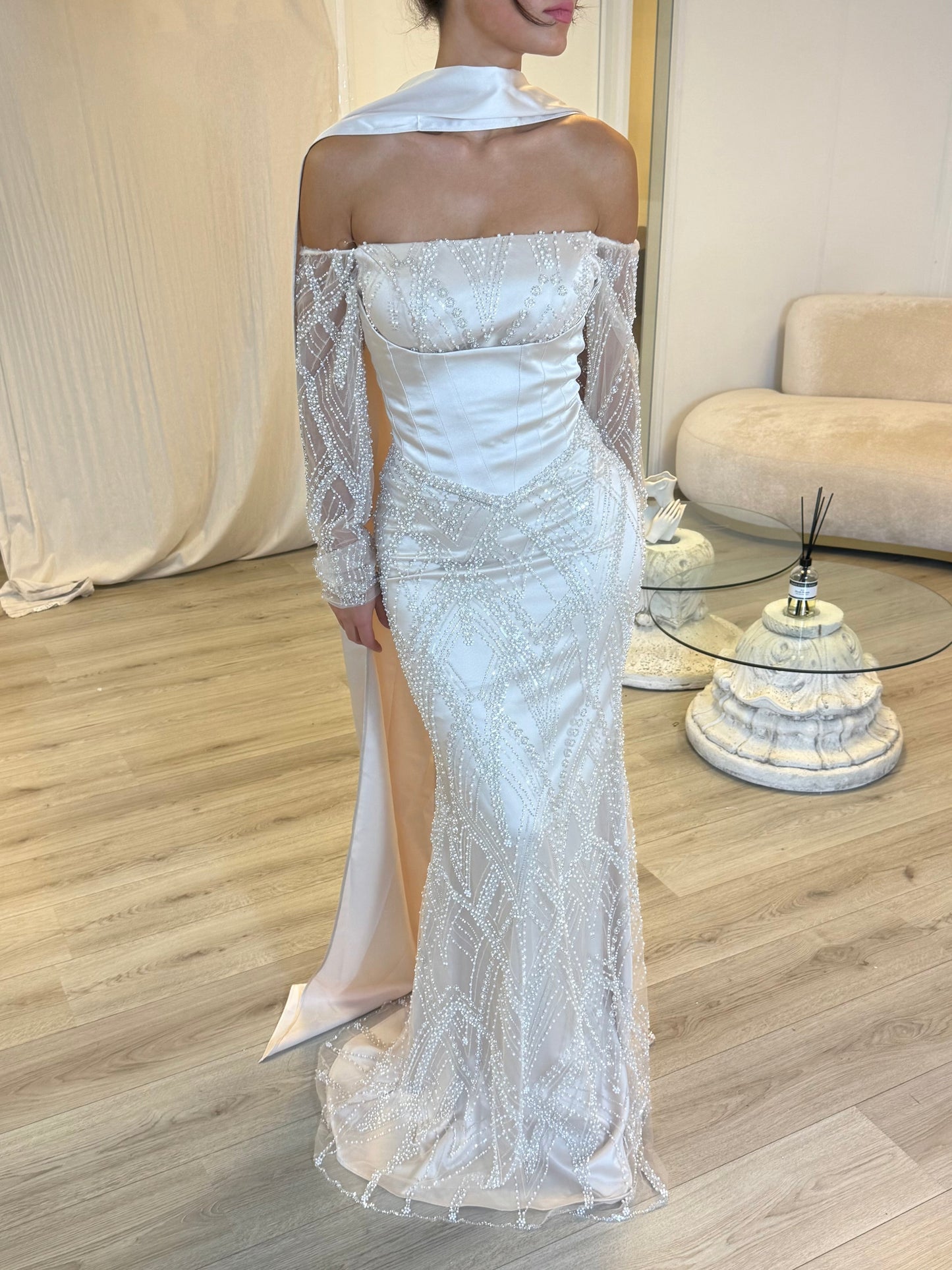Elegant Pearl Beaded Mermaid Evening Gown | Off-Shoulder Long Sleeves  with Removable Cape