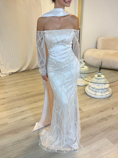 Elegant Pearl Beaded Mermaid Evening Gown | Off-Shoulder Long Sleeves  with Removable Cape