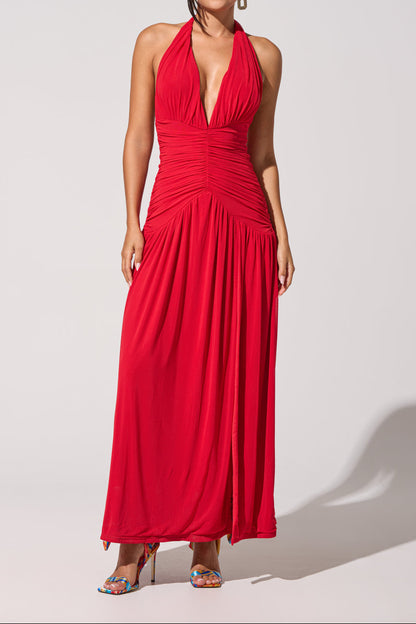 Red Plunge Sleeveless Maxi Dress