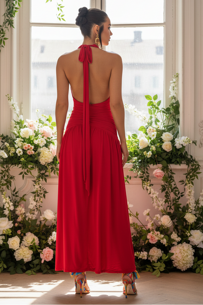 Red Plunge Sleeveless Maxi Dress