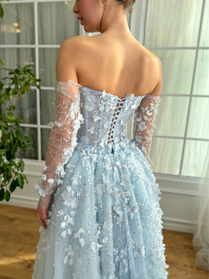 3D Floral Pink Off Shoulder Mermaid Prom Dress with Detachable Train