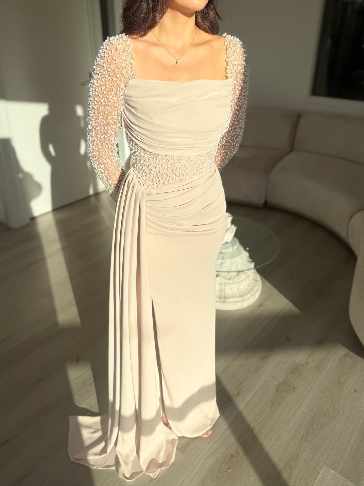 Champagne Off-Shoulder Evening Gown with Pearl Embellished Long Sleeves